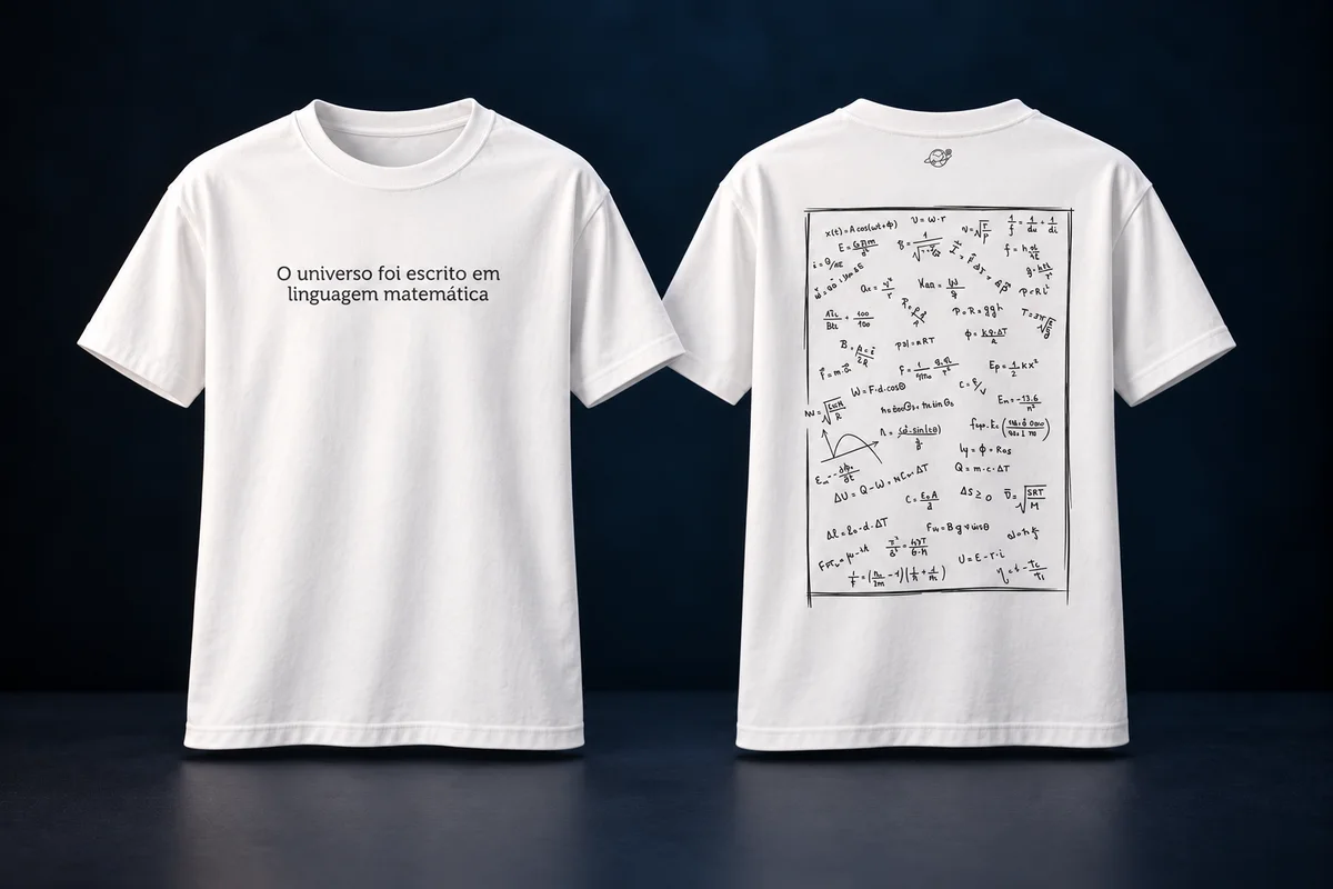 Camiseta exclusiva do Universo Narrado, frente com a frase O universo foi escrito em linguagem matemática e costas com fórmulas
