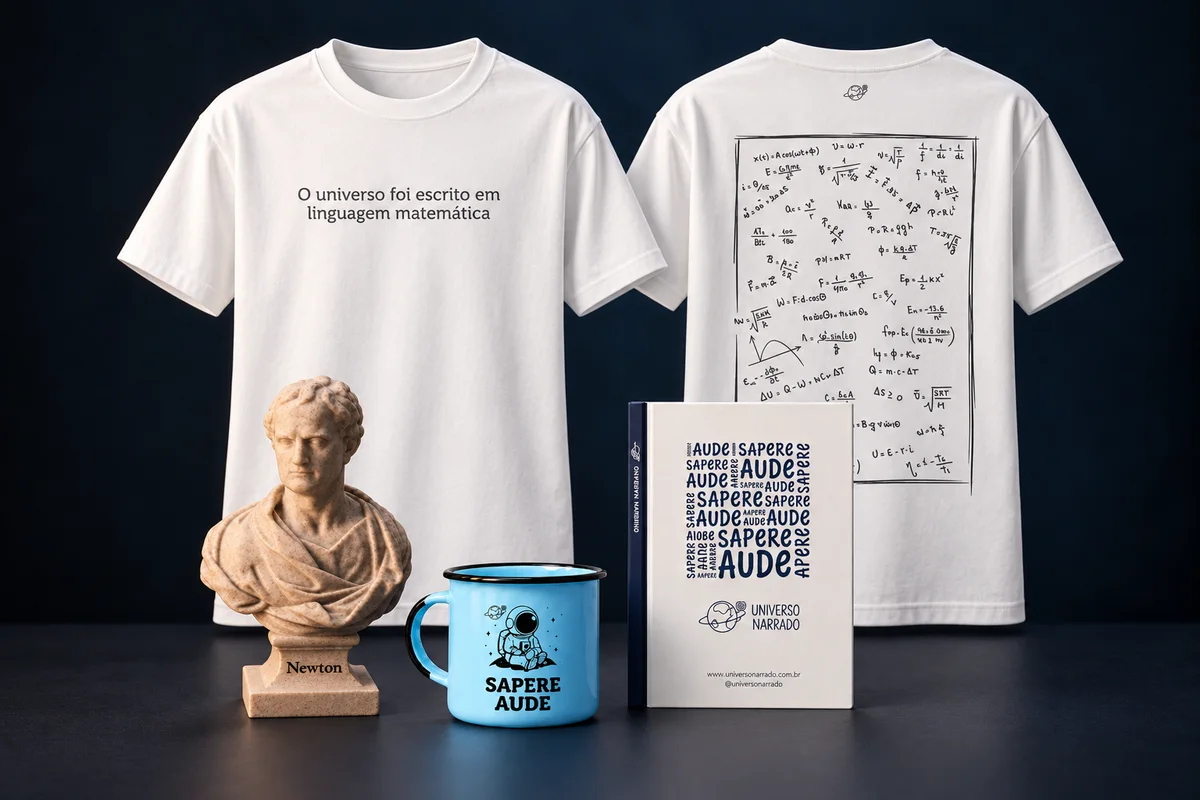 Kit Fundador: camiseta do Universo Narrado (frente e costas), estatueta do Newton, xícara Sapere Aude e caderninho do Universo Narrado
