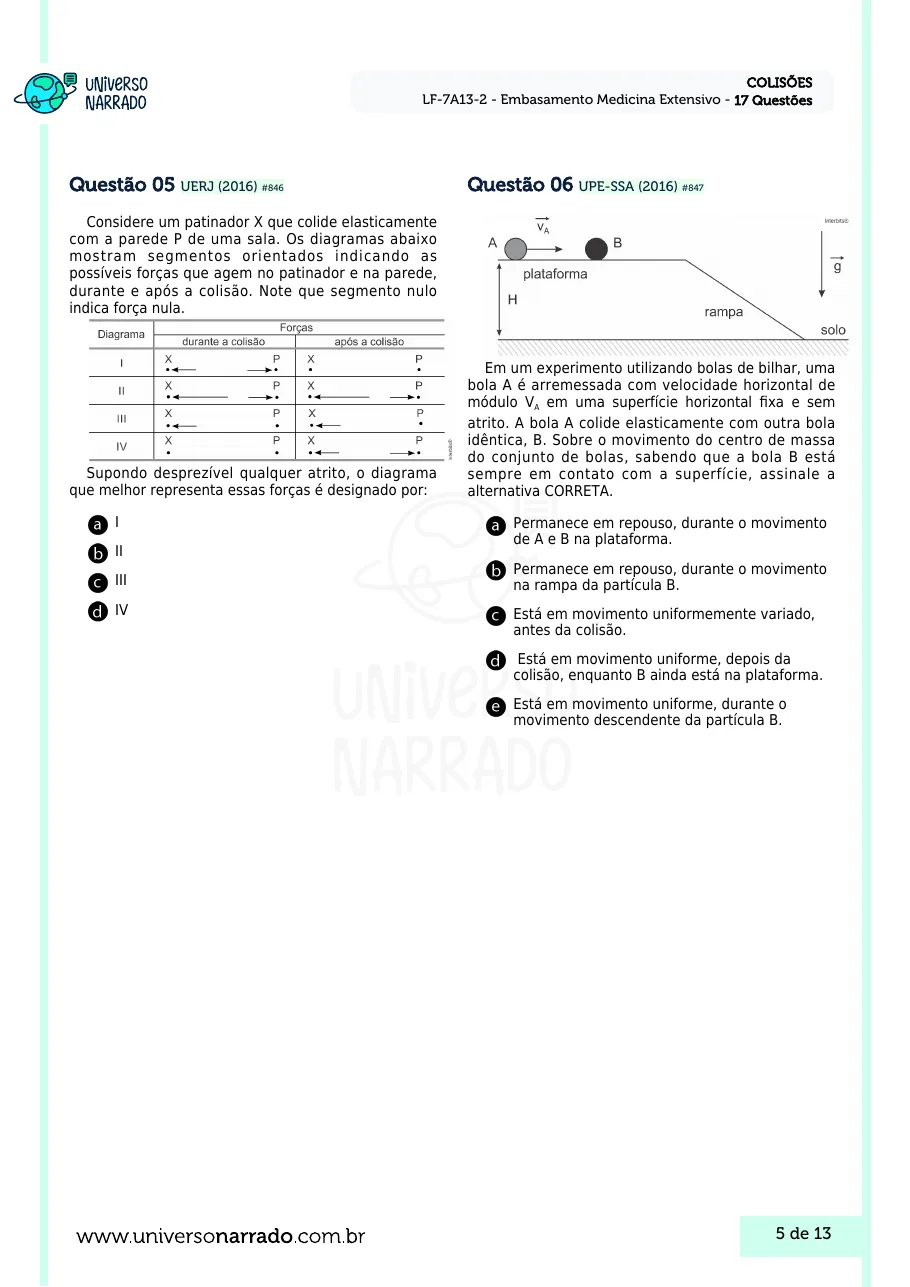 Página 5 da lista de Lições de Física, Colisões (LF-7A13-2)