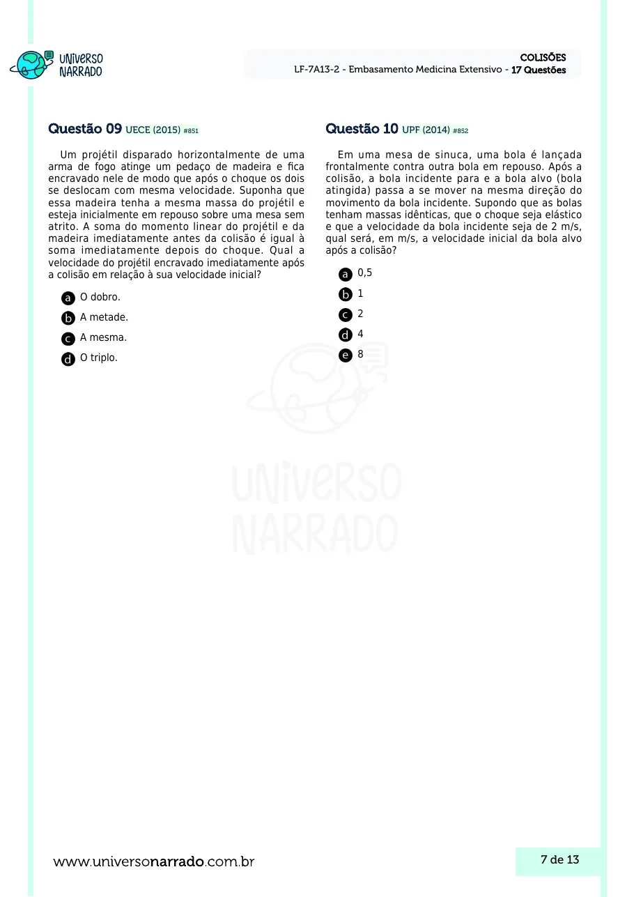 Página 7 da lista de Lições de Física, Colisões (LF-7A13-2)