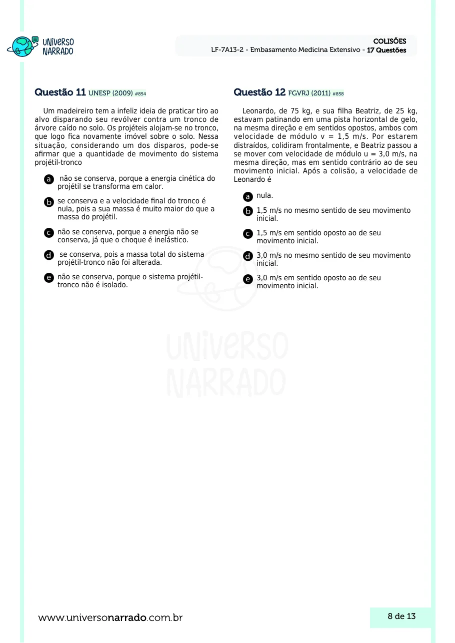 Página 8 da lista de Lições de Física, Colisões (LF-7A13-2)