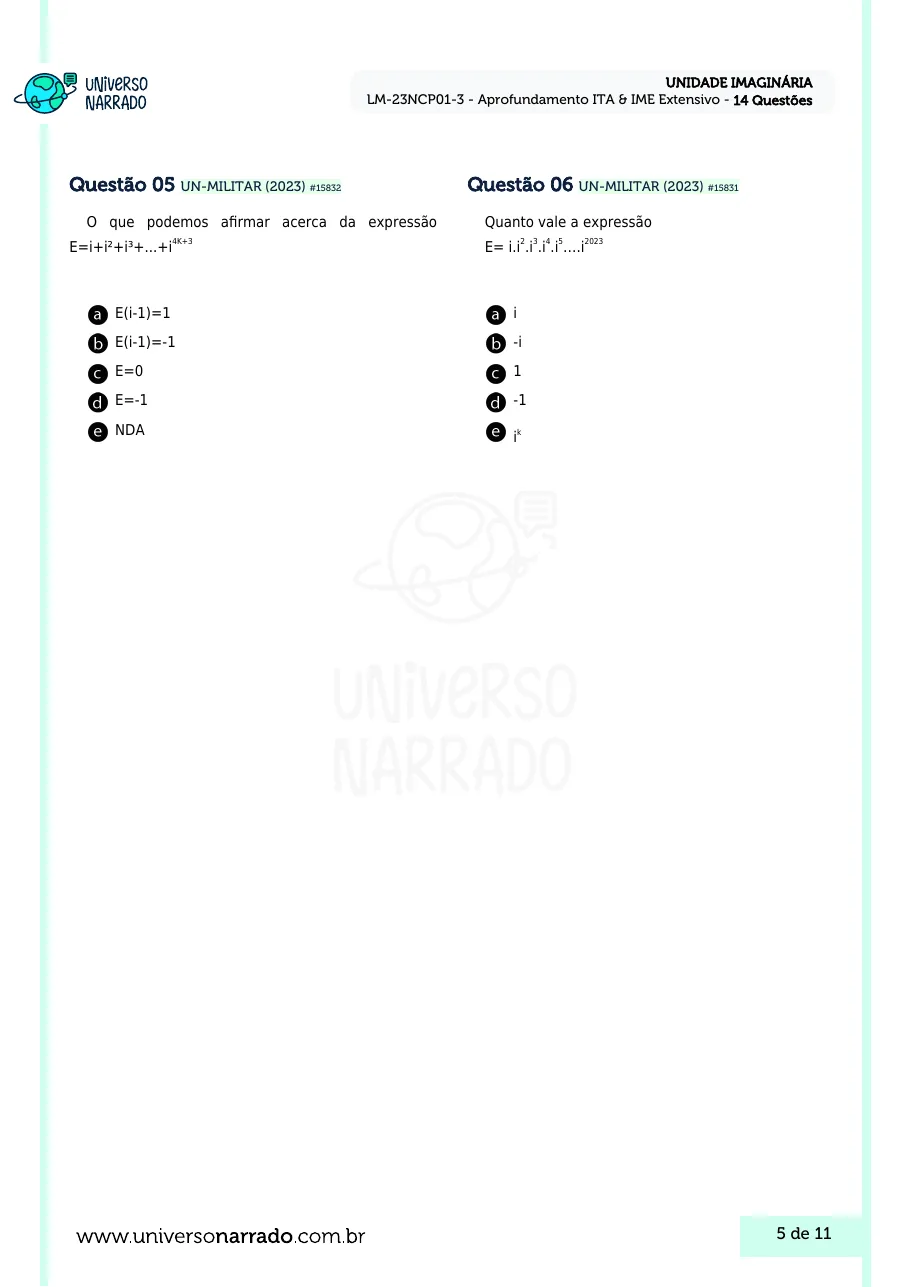 Página 5 da lista de Lições de Matemática, Unidade Imaginária (LM-23NCP01-3)