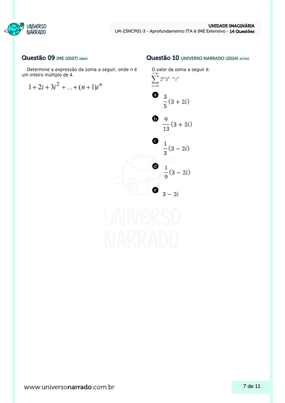 Página 7 da lista de Lições de Matemática, Unidade Imaginária (LM-23NCP01-3)