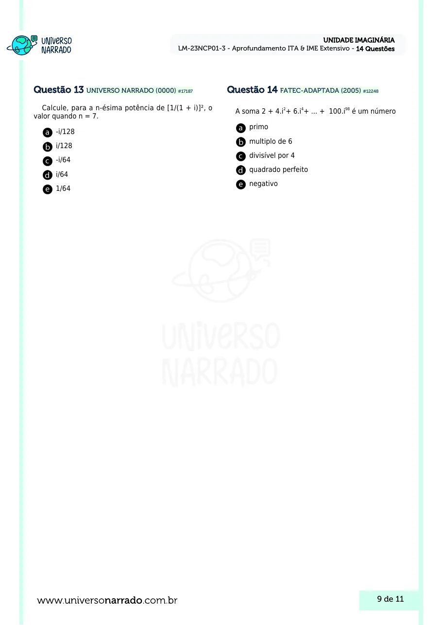 Página 9 da lista de Lições de Matemática, Unidade Imaginária (LM-23NCP01-3)